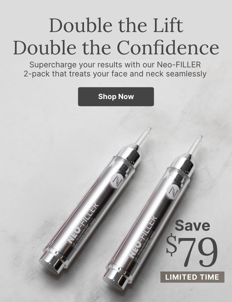 Two Neo-FILLER tubes displayed on white blocks with text reading, “Double the Lift. Double the Confidence.” It highlights a 2-pack with a limited-time $51 savings offer and a “Shop Now” button.